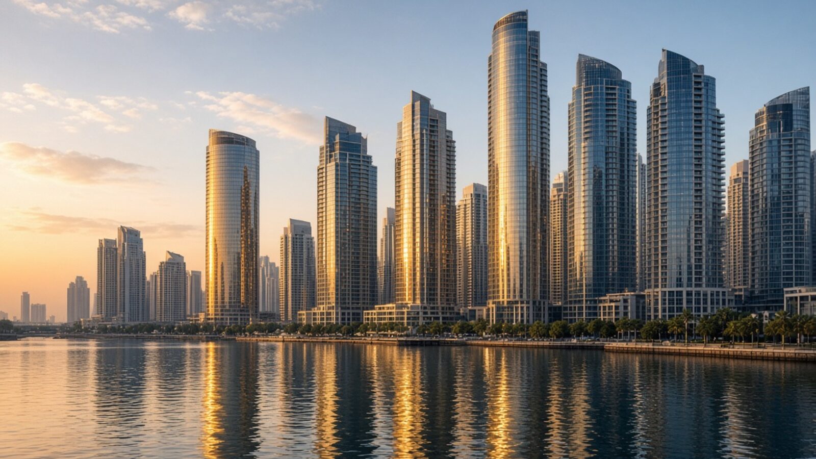 Dubai Jumeirah Lake Towers skyline at sunset